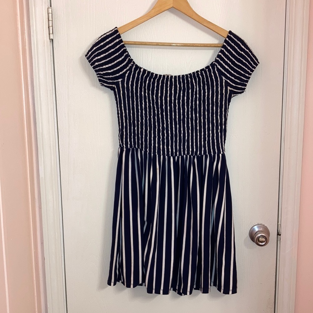 J for Justify Blue and white off the shoulder top stretchy at the top